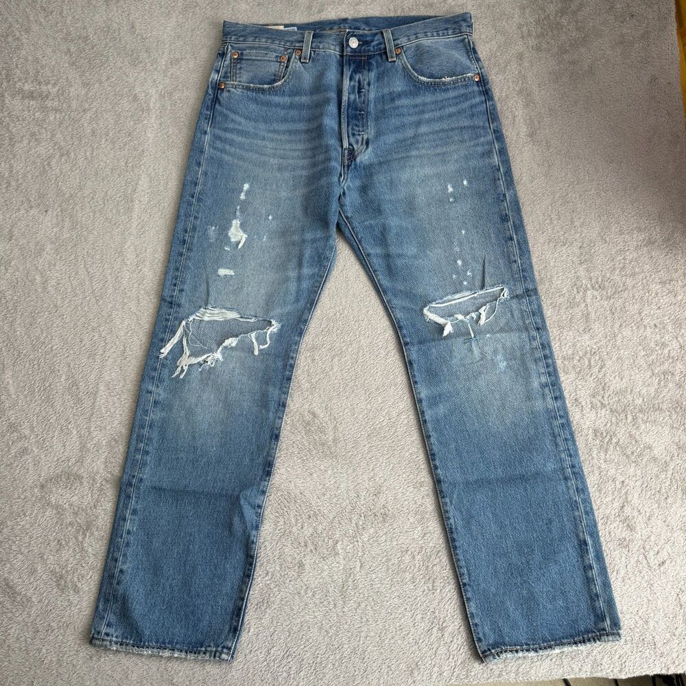 Levi's 501 93 Straight Fit Jeans Mens 33x30 Blue Denim Medium Wash Distressed